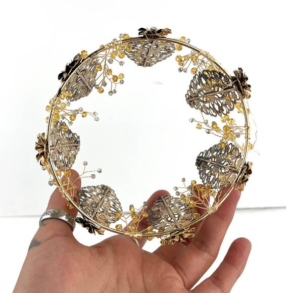 Bronze Tone Metal Tiara Crown Beaded Wired Floral Rhinestones Party Bridal - Picture 6 of 10